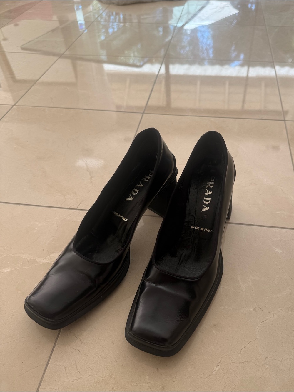 Prada Black Square-Toe Leather Pumps